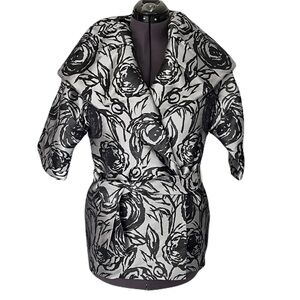 St. John Silver and Black Silk Blend Floral Wrap Belted Kimono Jacket, Size 6